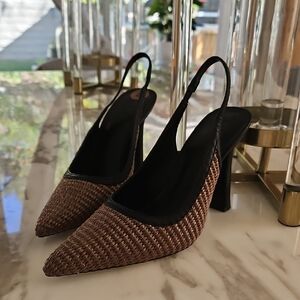 DKNY Brown Woven Slingback Pointed-Toe Heels